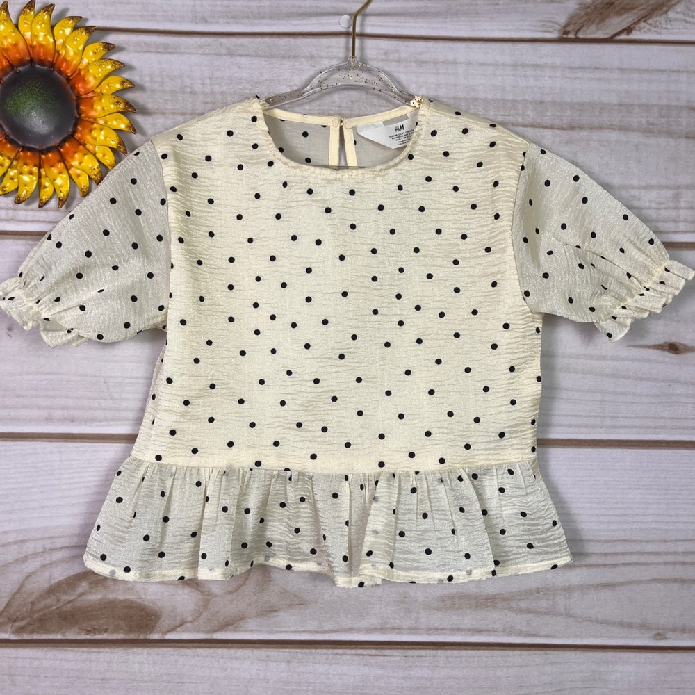 HM Kids Girls Cream Black Polka Dot Peplum Blouse Puff Sleeve Top 3T